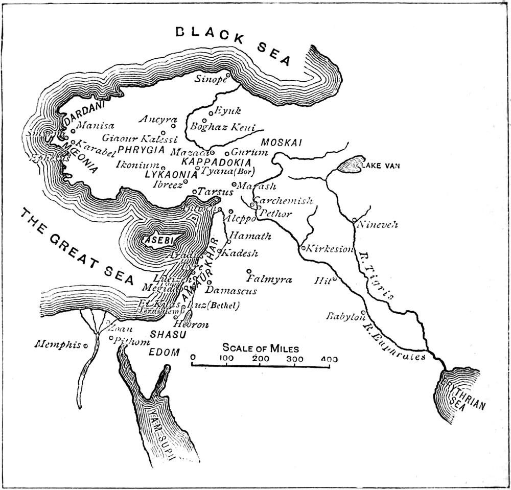 An old printed map of Anatolia and Syria with the proposed Hittite territory marked.