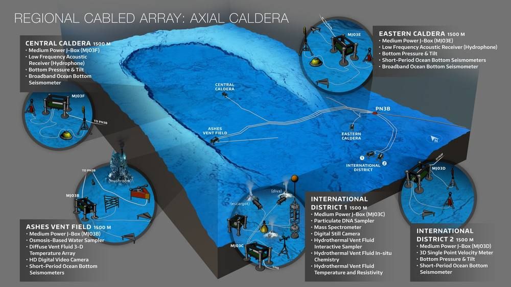 A cut-away blue 3D drawing of the caldera with call-out circles showing instruments at the central caldera, eastern caldera and vent fields.