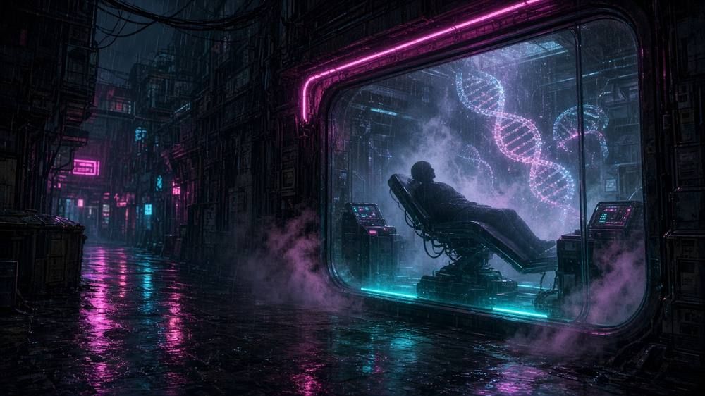 A rainy neon alley with a glass-fronted clinic showing a silhouetted figure reclining in a surgical chair and glowing DNA helixes in the air.