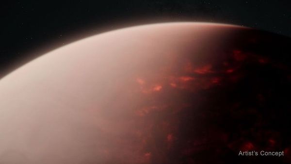 Artist's concept of TOI-561 b: a hazy, pale atmosphere over a planet whose night side glows with patches of molten rock.