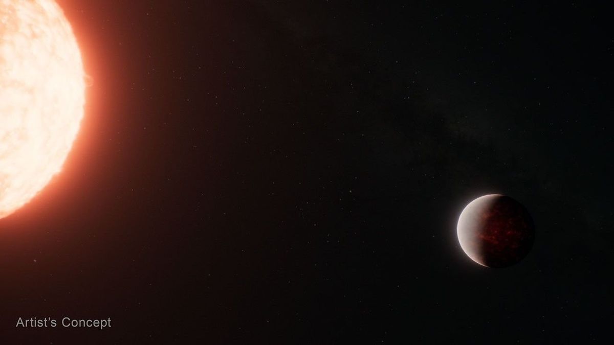 Artist's concept: a small, dark star-facing crescent planet at right and a large bright star at left on a black background.