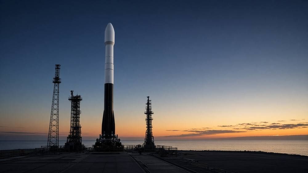 A tall white and black rocket stands on a coastal launch pad flanked by service towers against a deep blue sky with an orange horizon.
