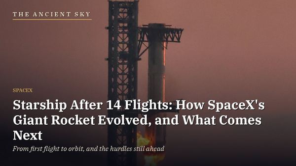 The Ancient Sky: Starship after 14 flights. The launch tower catching a Super Heavy booster under an orange sky during Flight 5.