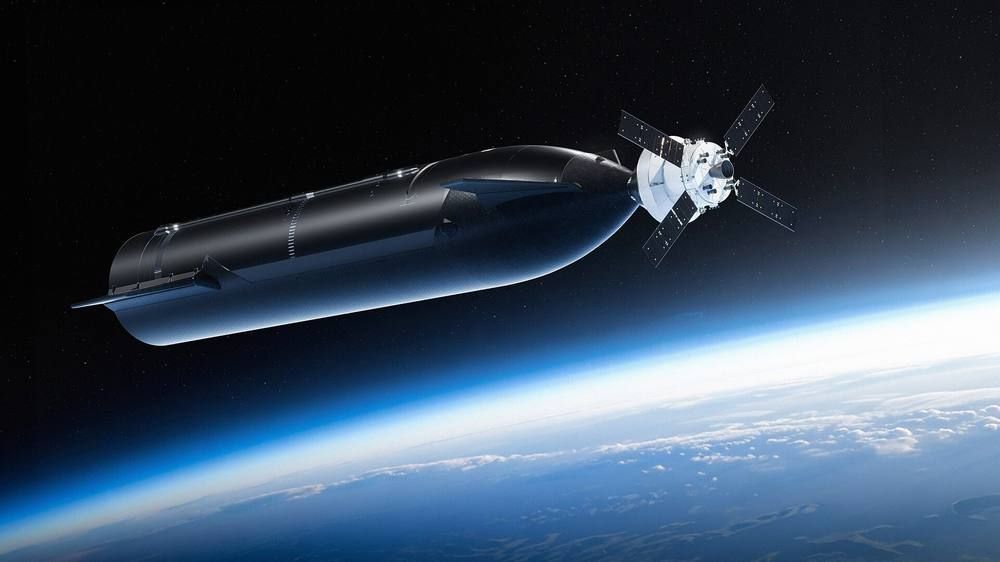 An illustration of a dark elongated spacecraft approaching a small capsule above the curve of the Earth.