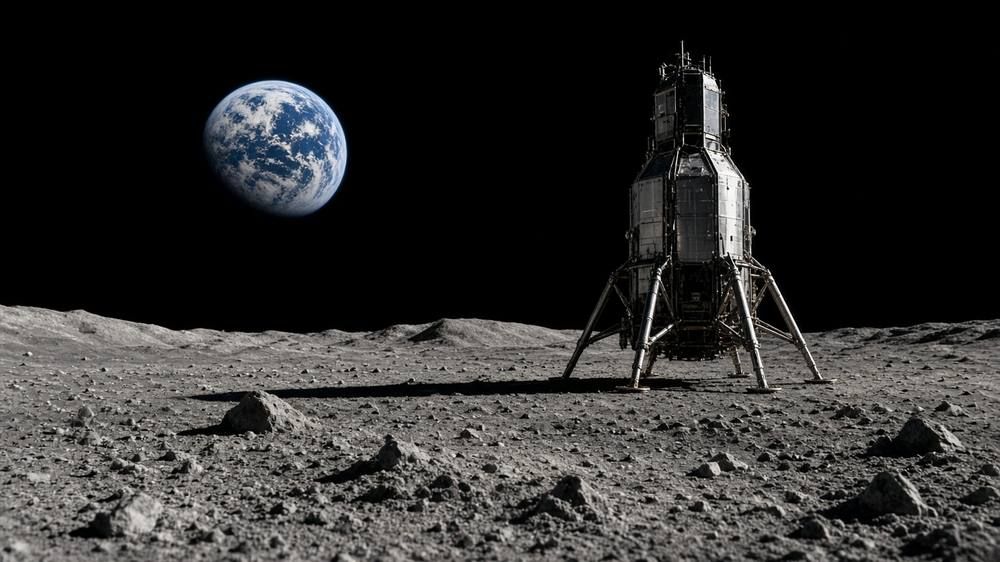 A tall four-legged lander stands on gray lunar soil with a blue and white Earth in a black sky.