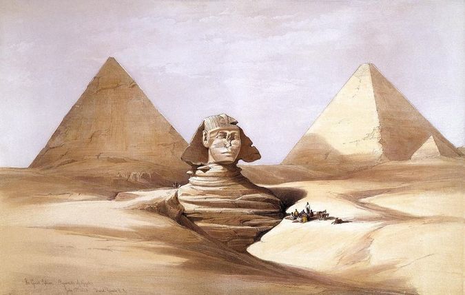 A nineteenth-century painting of the Great Sphinx half buried in sand, with a pyramid behind it and a few figures in the foreground.