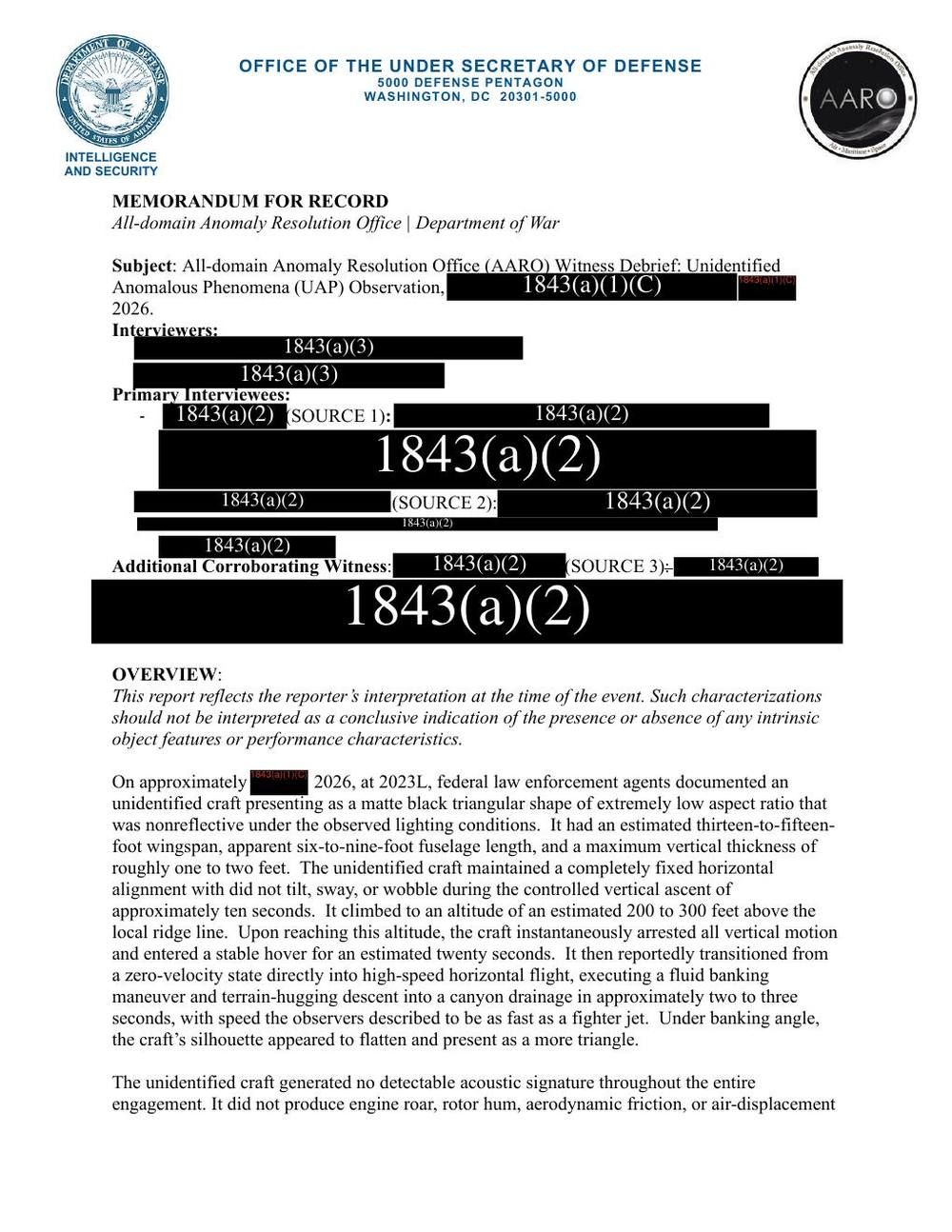 A scanned government memo headed Memorandum for Record, with the Department of Defense and AARO emblems, several black redaction bars over names, and a paragraph describing a matte black triangular craft.