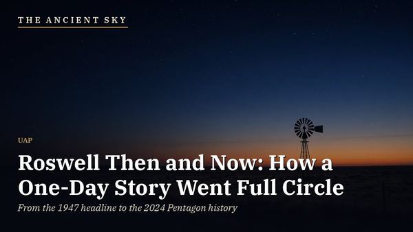 The Ancient Sky: Roswell Then and Now. A windmill and fence silhouetted on the New Mexico desert at dusk (AI-generated illustration).